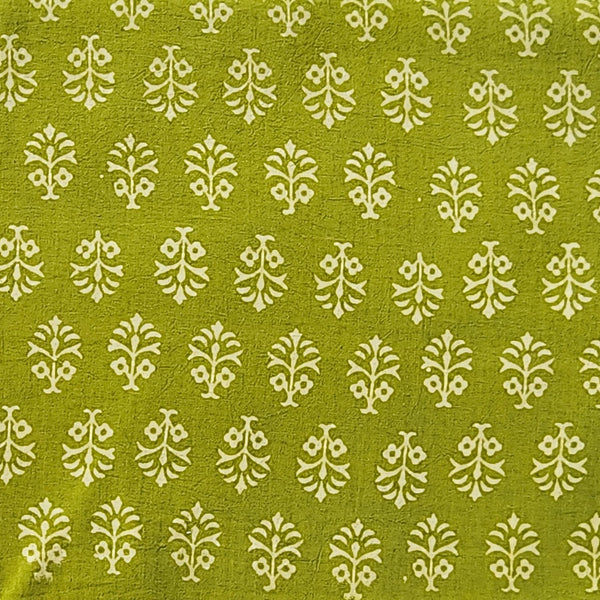 Pure Cotton Gamthi Parrot Green With Cream Motif Hand Block Print Fabric