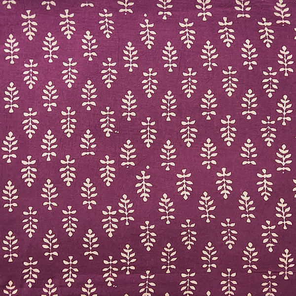 Pure Cotton Gamthi Purple With Cream Leaves Motif Hand Block Print Fabric