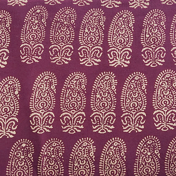 Pure Cotton Gamthi Purple With Cream Kairi Motif Hand Block Print Fabric