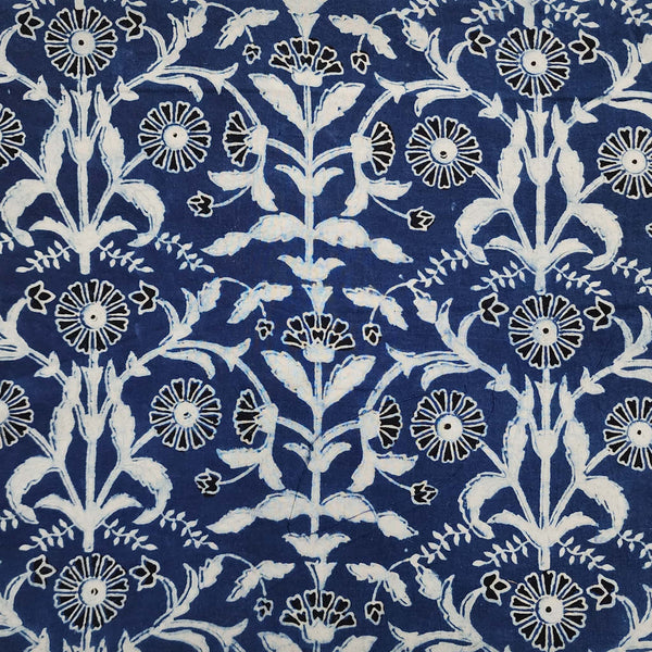PRE-CUT 1.60 METER Pure Cotton Double Ajrak Dark Shades Of Blue Wild Flower Jaal Hand Block Print Fabric