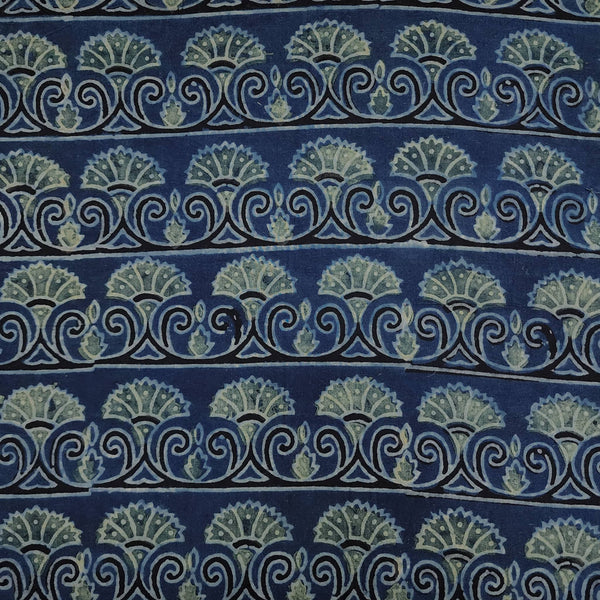 Pre-cut 2 meter  Pure Cotton Ajrak Persian Blue With Dull Green Bush Border Horizontal Hand Block Print Fabric