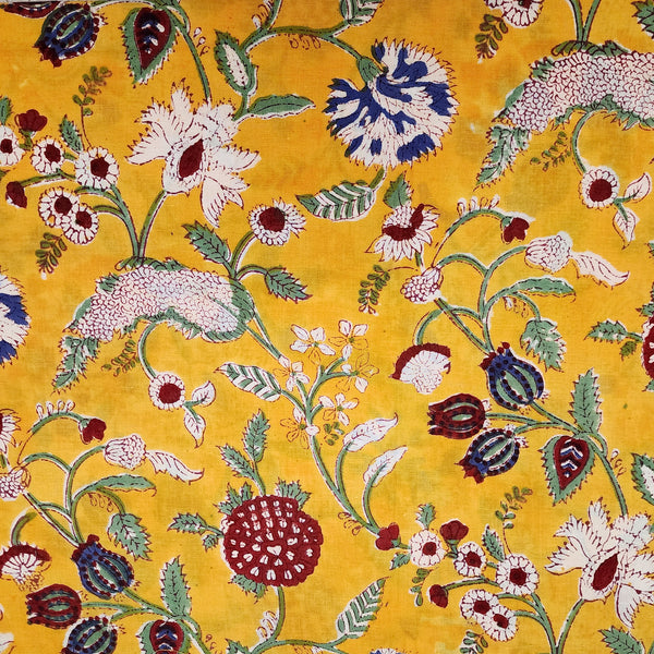 (Blouse Piece1.20 meter) Pure Cotton Jaipuri With Wild Fruit Jaal Hand Block Print Fabric Yellow