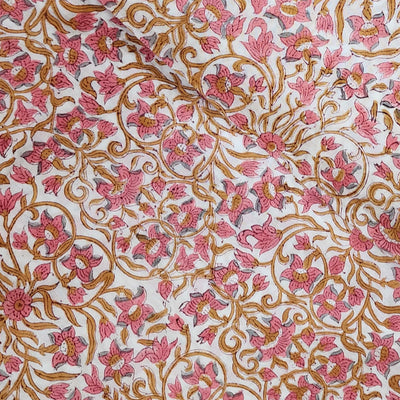( Pre-Cut 1 Meter) Pure Cotton Jaipuri White with Peach Flowers All over Jaal Hand Block Print Fabric