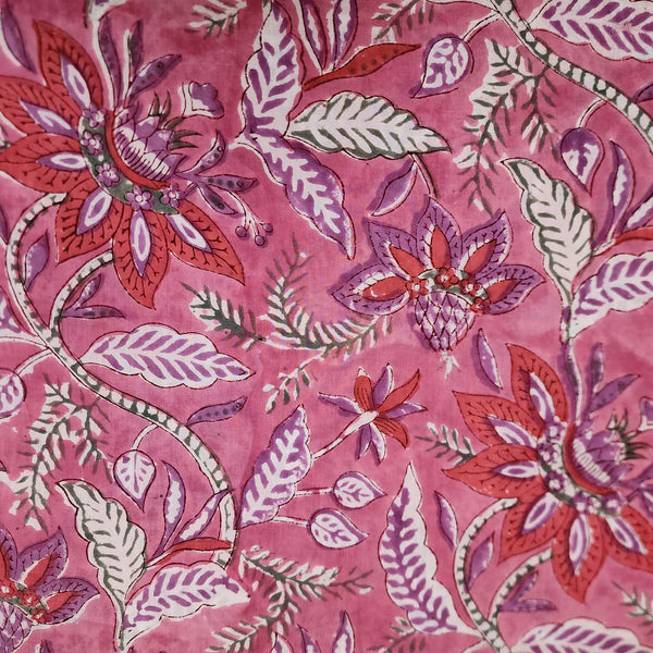 ( Pre-Cut 0.90 Meter ) Pure Cotton Jaipuri Pink With Purple Wild Flowers Floral Jaal Hand Block Print Fabric