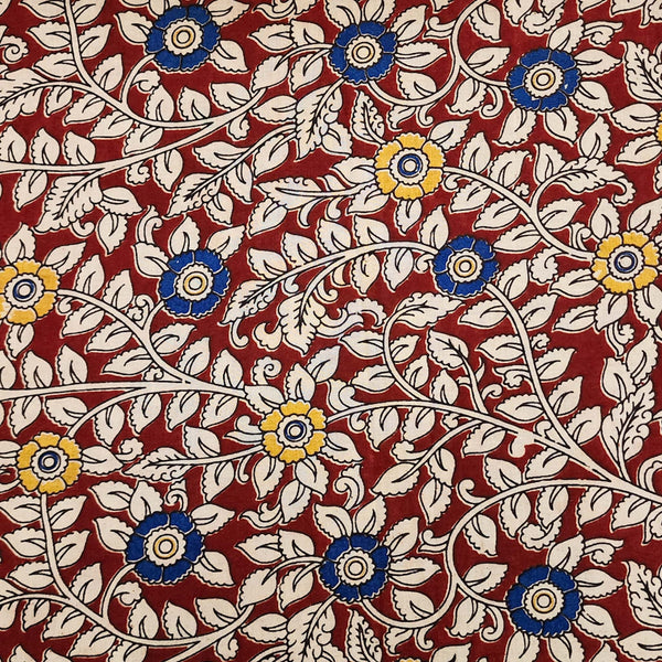Pure Cotton kalamkari Red with Cream and Blue and Yellow flower jaal Hand Block Print Fabric