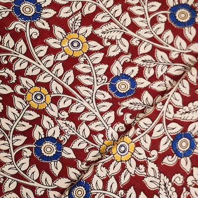 Pure Cotton kalamkari Red with Cream and Blue and Yellow flower jaal Hand Block Print Fabric