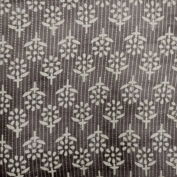 Pure Cotton Kaatha Kashish Grey With Cream Flower Motifs Hand Block Print Fabric mom