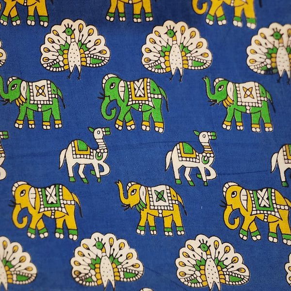 ( Pre-Cut 1.55 Meter ) Pure Cotton Kalamkari Blue With Green And Yellow And Cream Three Different Animals Hand Block Print Fabric