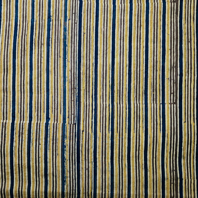 Pure Cotton Double Ajrak Blue Cream Sandy Stripes Hand Block Print Fabric