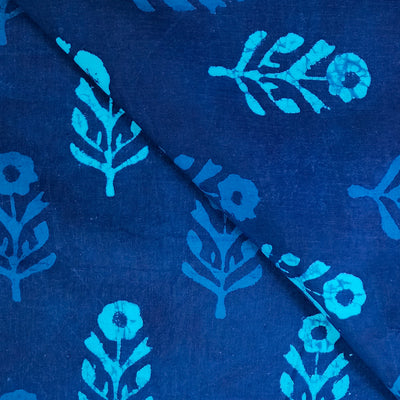Pure Cotton Dabu Teal Blue With Light Blue Big Flower Motif Hand Block Print Fabric