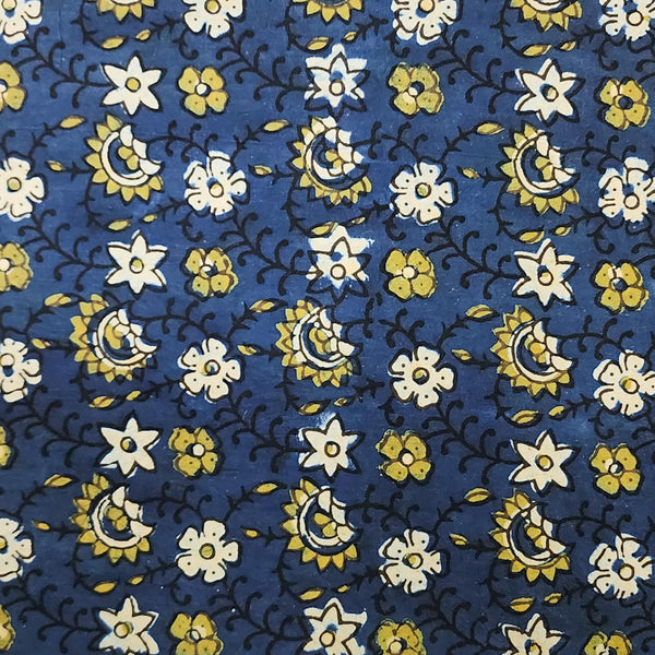 ( Pre-Cut 1 Meter ) Pure Cotton Ajrak Blue With Green And Cream Flower Jaal Hand Block Print Fabric