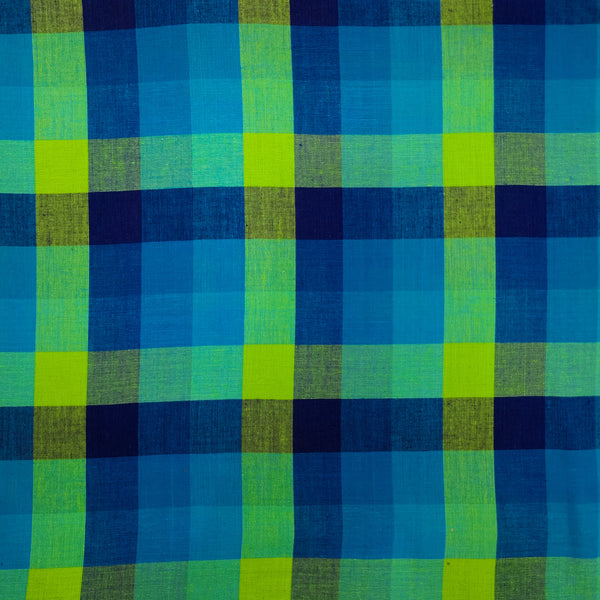 Pure Cotton Handloom Blue With Green Checks Hand Woven Fabric