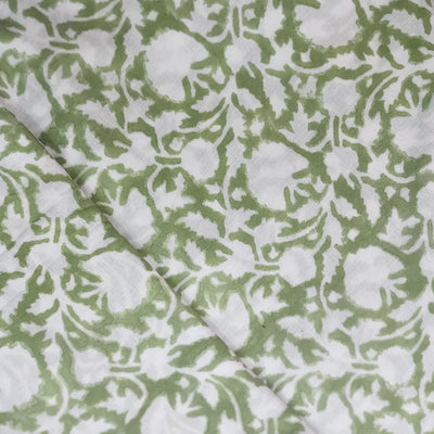 Pure Cotton Jaipuri Pastel Green With Outlined Floral Jaal Hand Block Print Fabric