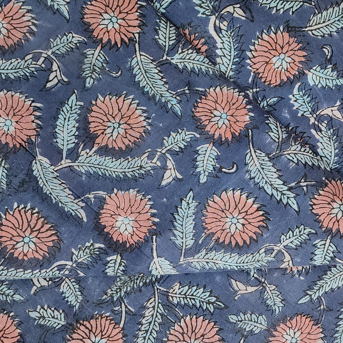 Pure Cotton Jaipuri Bluish Grey With Peach Pink Floral Jaal Hand Block ...