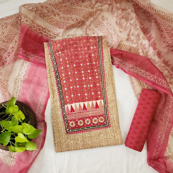 MEERA-Pure Cotton Cream With Pink Intricate Yoke And Pink Pant And Kota Dupatta