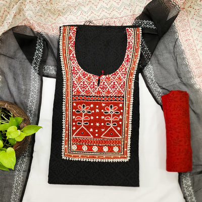 MEERA-Pure Cotton Black With Red Intricate Yoke And Red With Self flower Design Bottom And Kota Dupatta