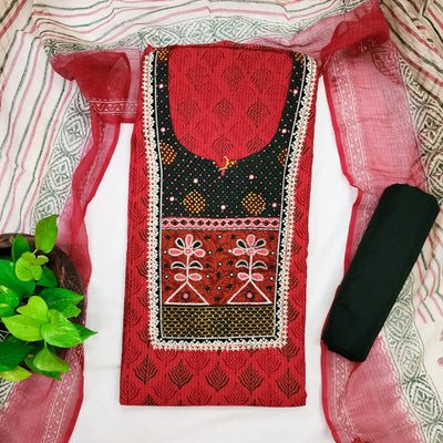 MEERA-Pure Cotton Handloom  Light Pink With Mahindi Green Intricate Design Yoke Top Plain Mahindi Green Bottom And Kota Dupatta