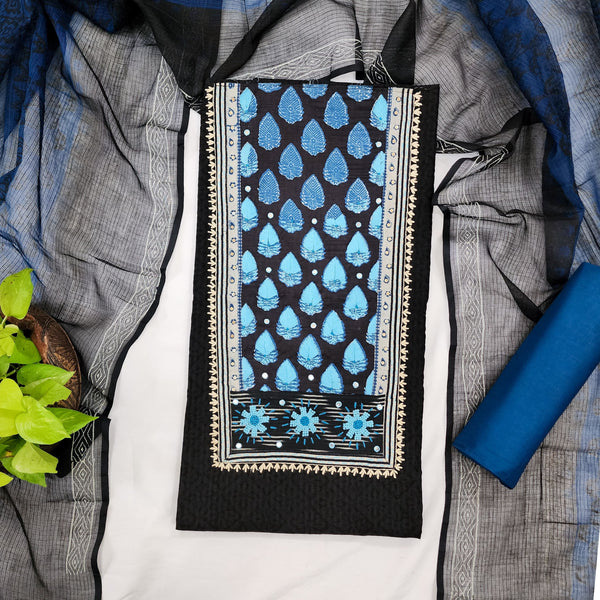 MEERA-Pure Cotton Handloom Black With Blue Intricate Design Yoke Top And Plain Navy Blue Bottom And Kota Dupatta