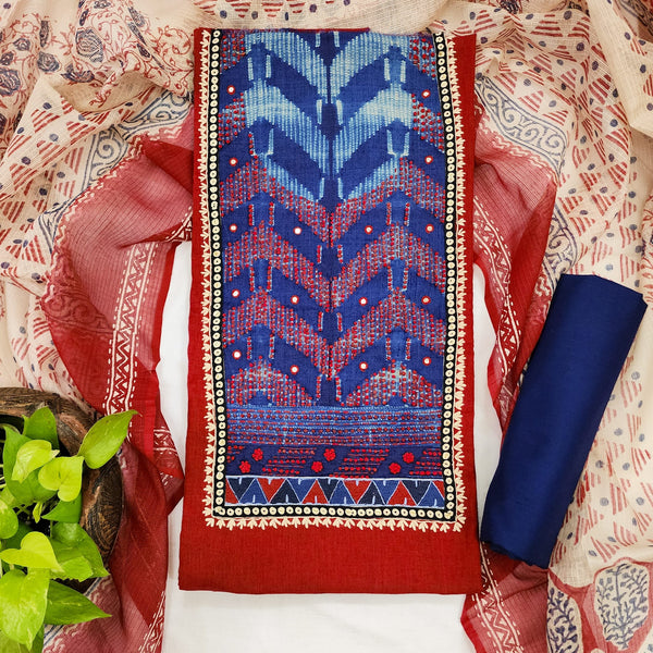 MEERA -Pure Cotton Red With  Intricate Design Yoke Top And Ink Blue Plain Bottom And Kota Dupatta