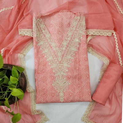 Adya-Muslin Peach With Embroidered V Neck Top And Rayon Bottom And Cotton Embroidered Dupatta suit