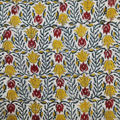Pure Cotton Jaipuri White With Yellow Red Tulip Lotus Jaal Hand Blck Print Fabric