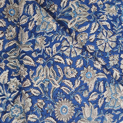 Pure Cotton Jaipuri Blue With Grey Cream Floral Jaal Hand Block Print Fabric