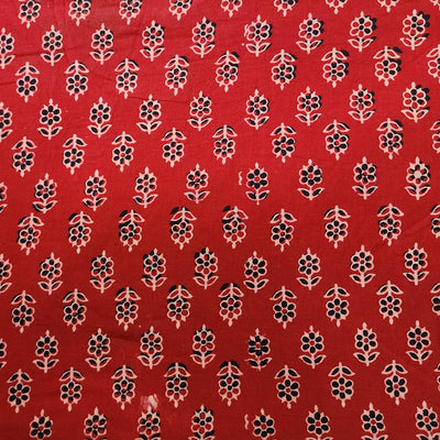 Pure Cotton  Ajrak Rust With Off White Flower Hand Block Print Fabric