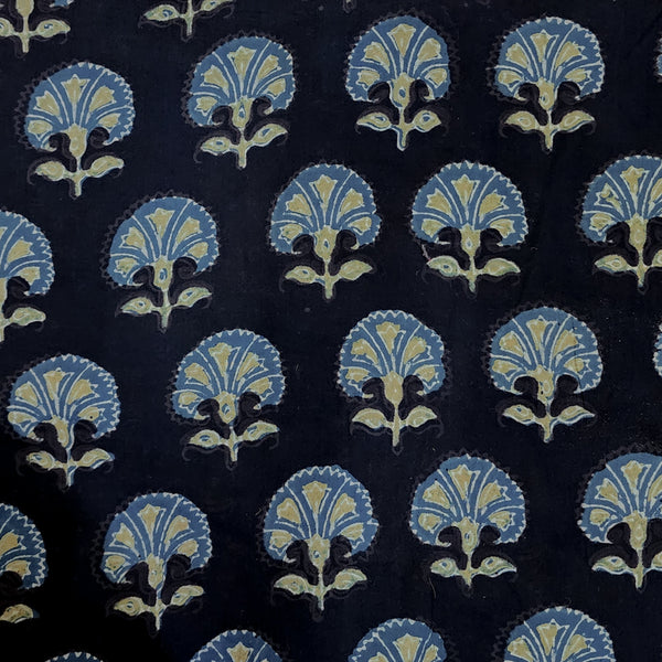 ( Pre-Cut 2 Meter ) Pure Cotton Double Ajrak Black With Green And Blue Flower Motif Hand Block Print Fabric