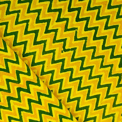 Pure Cotton Gamthi Yellow With Green Zig-Zag Hand Block Print Fabric