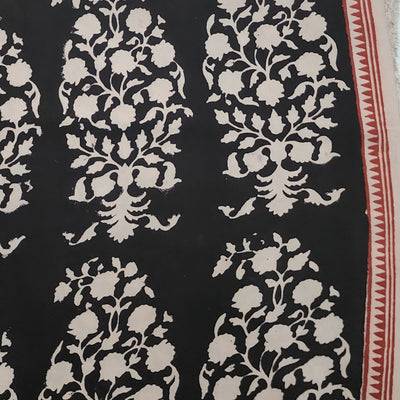 Modal Cotton Kalamkari Black With Big Flower Motif Hand Block Print Fabric