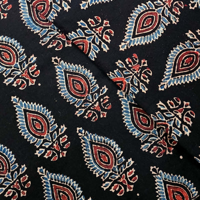 Pure Cotton Ajrak Black With Rust Blue Leaves Motif Hand Block Print Fabric