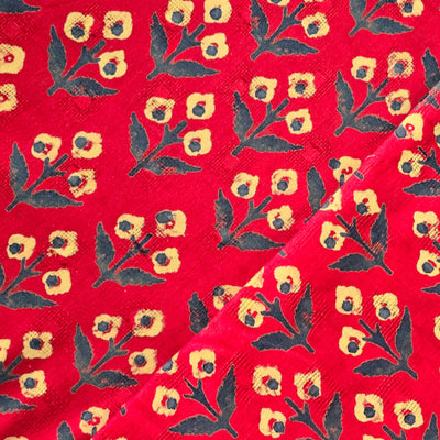 Pure Cotton Doby Dabu Red With Cream And Blue Flowers Motif Hand Block Print Fabric