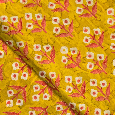 Pure Cotton Doby Dabu Yellow With Pink And White Flowers Motif Hand Block Print Fabric