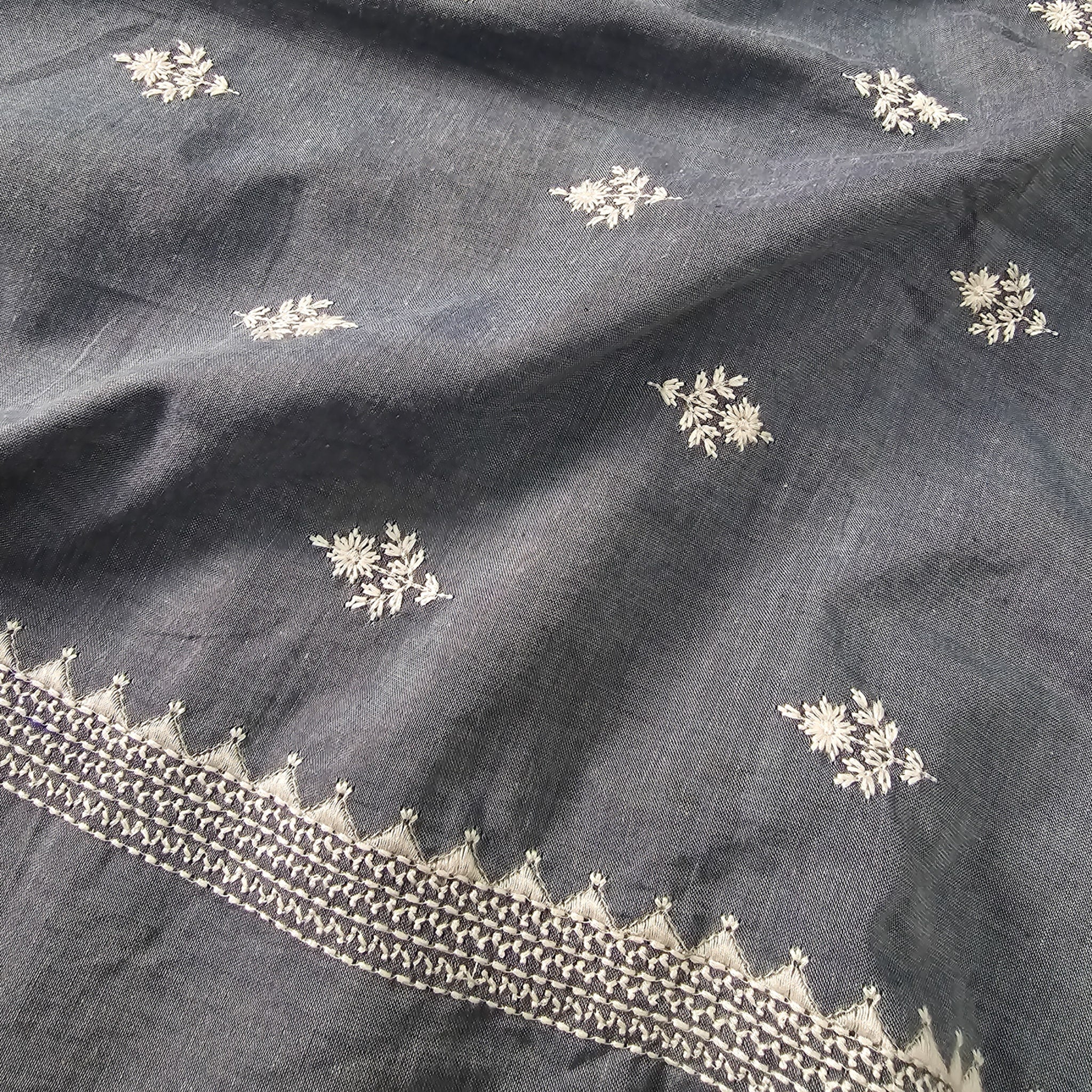 Pure Cotton Handloom Grey With Big Flower Motif Emboriderey Hand Woven ...
