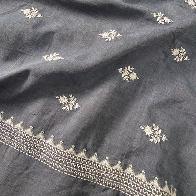 Pure Cotton Handloom Grey With Big Flower Motif Emboriderey Hand Woven Fabric