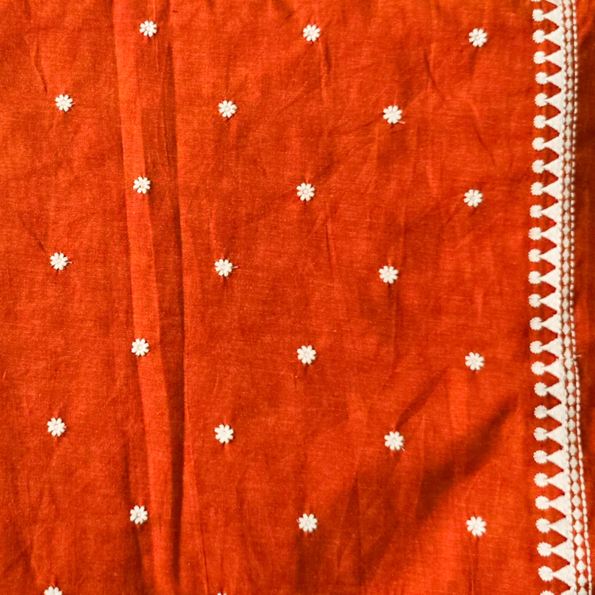Pure Cotton Handloom Orange Tiny Flower Motif Emboriderey Hand Woven F ...