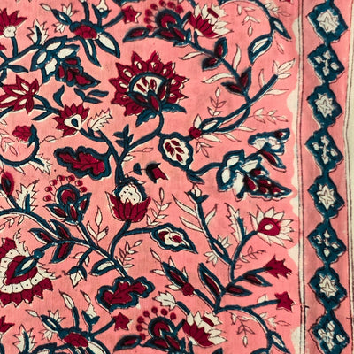 Pure Cotton Jaipuri Pink With Blue And Red Flower Jaal Hand Block Print Fabric