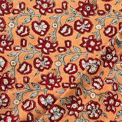 Pure Cotton Jaipuri Orange With Red Flower Hand Block Print Fabric