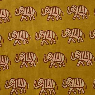 Pure Cotton Dabu Mustard With Cream And Rust Elephant Hand Block Print Fabric