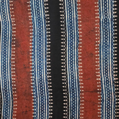 Pure Cotton Ajrak Blue With Black And Rust Red  Border Hand Block Print Fabric