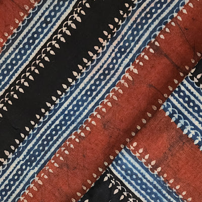 Pure Cotton Ajrak Blue With Black And Rust Red  Border Hand Block Print Fabric