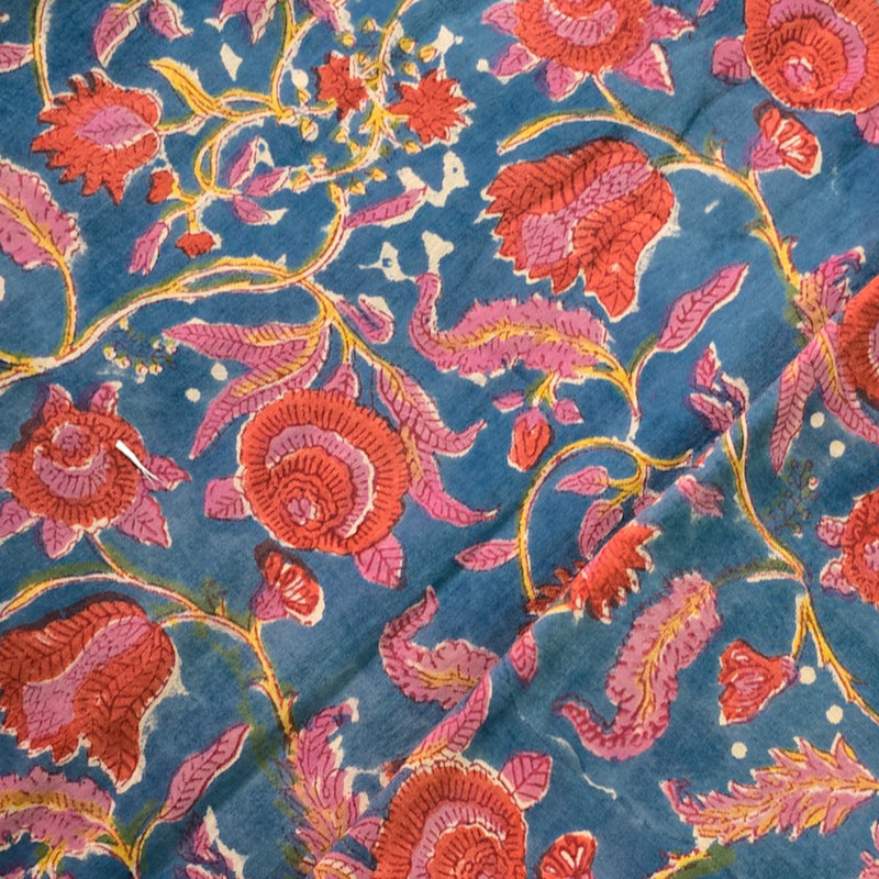 Pure Cotton Mul Jaipuri Blue With Yellow And Orange Flower Jaal Hand Block Print Fabric