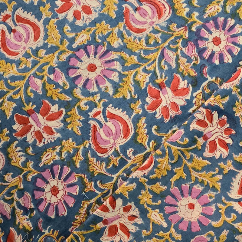 Pure Cotton Mul Jaipuri Blue With Mustard, Orange And Pink Jungle Flower Jaal Hand Block Print Fabric