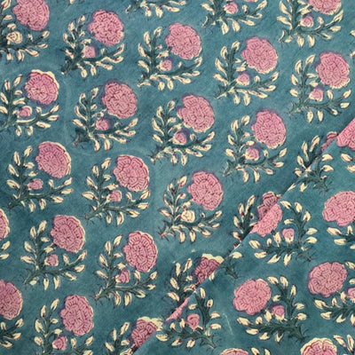 Pure Cotton Mul Jaipuri Blue With Pink Motif Hand Block Print Fabric