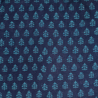 Pure Cotton Gamthi Navy Blue With Blue Leaves Motif Hand Block Print Fabric