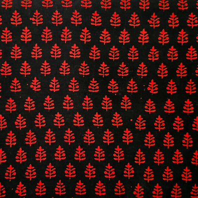 Pure Cotton Gamthi Black With Red Leaves Motif Hand Block Print Fabric