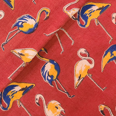 Pure Cotton Kalamkari Red With  Blue And Light Orange Greater Flamingo Hand Block Print Fabric