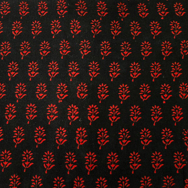 ( PRE-CUT 1.60 METER ) Pure Cotton Gamthi  Black With Red Flower Hand Block Print Fabric