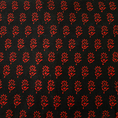 Pure Cotton Gamthi  Black With Red Flower Hand Block Print Fabric