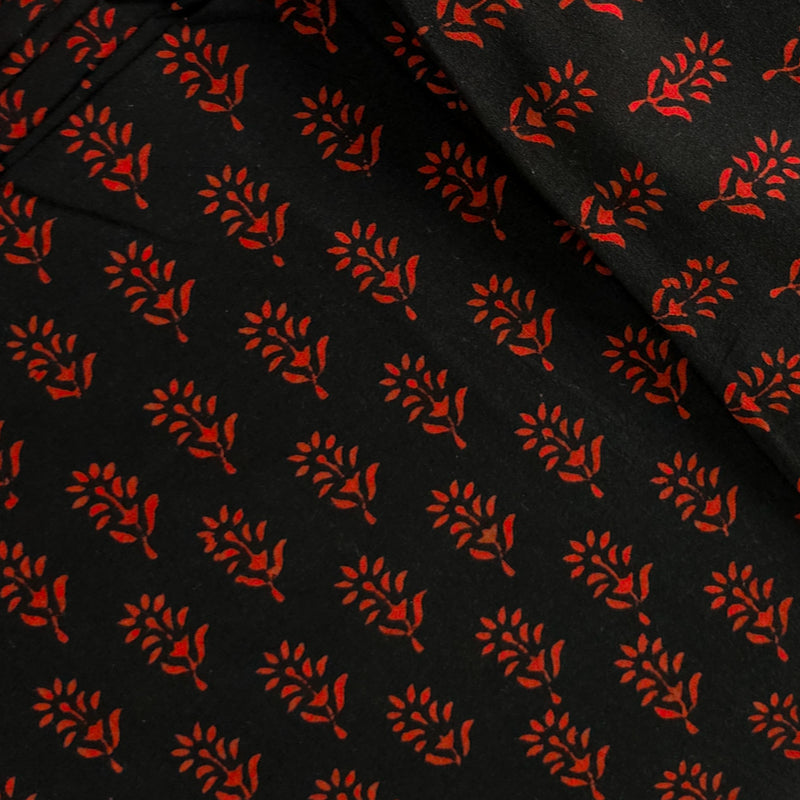 Pure Cotton Gamthi  Black With Red Flower Hand Block Print Fabric